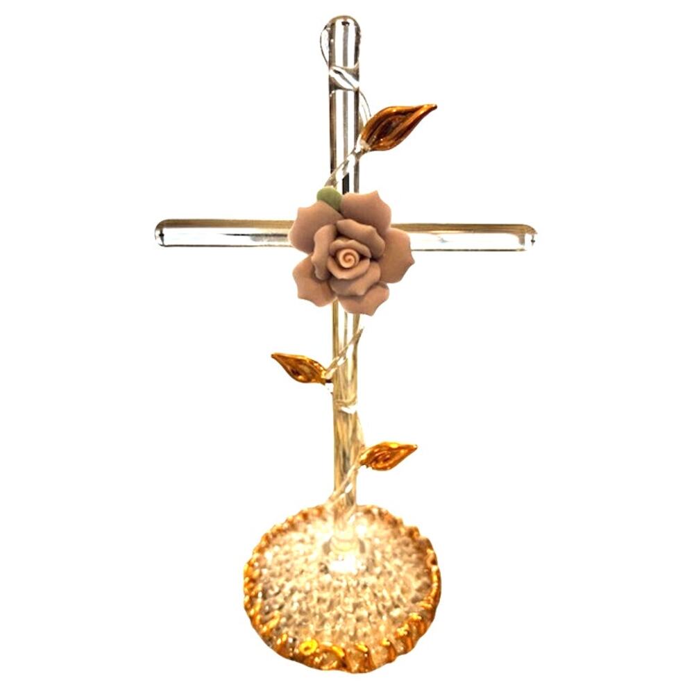 Glass CROSS w/Porcelain Pink Rose and Gold Leaves - Handblown and Knitted Glass